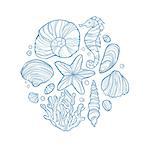 Hand drawn monochrome sketch of shell, seahorse, starfish, coral and others sea life in circle isolated on white background. Art vector stylized illustration.