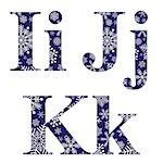 Uppercase and lowercase letters I, J and K of the English alphabet with winter pattern carved snowflakes, vector