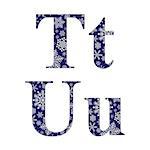 Uppercase and lowercase letters T and U of the English alphabet with winter pattern carved snowflakes, vector