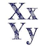 Uppercase and lowercase letters X and Y of the English alphabet with winter pattern carved snowflakes, vector