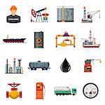 Oil industry extraction production and transportation oil and petrol Flat Icons Set with oilman, rig and barrels. Isolated vector illustration.