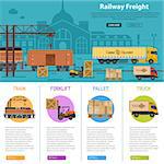 Railway Freight infographics with flat Icons Set like train, delivery, station, truck, rails and forklift. vector illustration