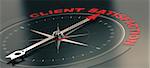 3D illustration of a conceptual compass with needle pointing the text client satisfaction, Business or Marketing concept. Horizontal image, red and black tones.