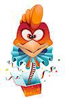 Red head Rooster clown jumps out of box. Isolated on white vector cartoon illustration