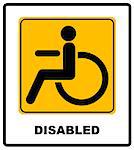 Vector illustration. Disabled Handicap Icon in yellow square isolated on white. Vector sign for public places and auto.