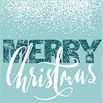 Merry Christmas grunge lettering design on blue background with white snow. Holiday lettering card. Vector illustration. Snowflakes background. EPS 10