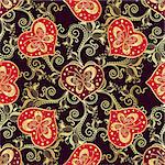 Valentine seamless dark pattern with purple hearts  and gold butterflies (vector)