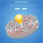 Business Success and Searching Idea Concept with 3D circular Labyrinth with solution and light bulb. vector illustration