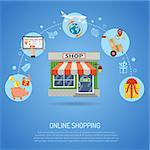 Online Shopping Concept infographics with flat Icons sales, delivery, laptop, piggy bank. vector illustration