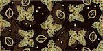 Dark brown seamless vintage pattern with golden tracery butterflies and leaves, vector