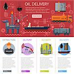Oil industry Infographics with Flat Icons extraction refinery delivery and transportation oil and petrol with oil pump, oil platform and cargo tank. vector illustration