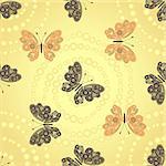 Seamless golden pattern with brown and beige butterflies and dots spirals, vector