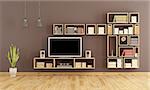 Brown living room with wooden bookcase and home cinema system - 3d rendering