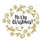 Christmas greeting card on white background with golden elements and text Merry Christmas