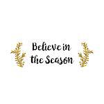 Christmas greeting card on white background with golden elements and text Believe in the Season