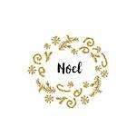 Christmas greeting card on white background with golden elements and text Noel