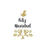 Christmas greeting card on white background with golden elements and text Feliz Navidad