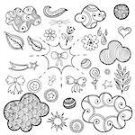 Vector set of fashionable patches elements like heart, flower, mail, cloud, leaf, sun. Vector hand drawn cute and funny stikers kit. Modern doodle pop art sketch badges and pins for coloring book