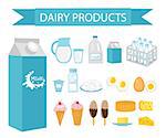 Dairy products icon set, flat style. Milk products isolated on white background. Milk and Cheese collection. Farm foods. Vector illustration