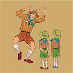 The scoutmaster is afraid of insects. Pop art retro vector illustration. Scouts children
