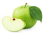 Ripe green apple with leaf and slice isolated on white background with clipping path