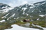 Dalsnibba mountain plateau landscape with small house. Geiranger, Norway