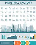 Construction illustration for websites. City skyline construction background with step banners, infographics elements and industry icons
