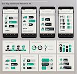 Flat design Management and Administration Dashbord Eco New Energy inforgraphics UI mobile app template on trendy subtle blurred background, with smartphone mockups and infographics charts kit