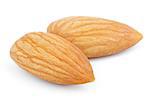 Closeup of two almond nuts isolated on white background