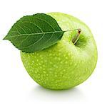 Single ripe green apple with leaf isolated on white background with clipping path