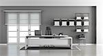 White and gray minimalist office with desk,bookcase and windows on background - 3d rendering