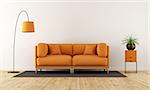 Modern living room with white wall, orange couch and floor lamp - 3d rendering