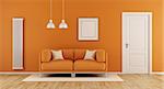 Orange living room with modern couch,closed door and vertical heater-3d rendering