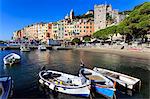 Portovenere (Porto Venere), UNESCO World Heritage Site, colourful harbourfront houses, boats and castle, Ligurian Riviera, Liguria, Italy, Europe