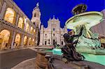 Night view of the Basilica of the Holy House and fountain decorated with statues, Loreto, Province of Ancona, Marche, Italy, Europe