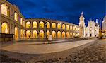 Night view of the ancient and holy Basilica of the Holy House framed by arcades, Loreto, Province of Ancona, Marche, Italy, Europe