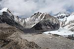 Everest Base Camp at 5350m seen here as a scattering of tents in the distance at the back of the Khumbu glacier, Khumbu Region, Nepal, Himalayas, Asia