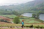 A woman looks out over Rydal Water near Grasmere, Lake District National Park, Cumbria, England, United Kingdom, Europe