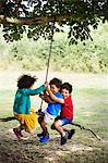 Two boys and a girl sitting on a tree swing.