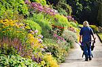 Gardener pushing wheelbarrow at Waterperry Gardens in Oxfordshire.