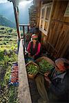A Tamang woman peels little squashes in a small village called Briddim in the Langtang Region, Nepal, Asia