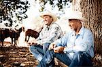 Two men wearing cowboy hats sit on a log under a tree laughing and talking while they take a break with their saddled horses standing in the background.