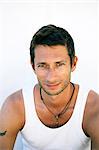 Portrait of a man against a white background, Greece.