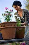 Woman planting in pots, Sweden.