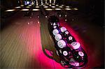 Interior of Empty bowling alley with bowling balls