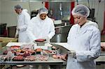 Female butcher maintaining records on clipboard at meat factory