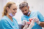 Dentists having discussion on teeth model at dental clinic