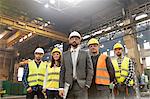 Portrait confident manager and steel worker team in factory