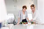 Female architects discussing model in conference room