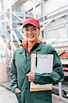 Portrait smiling worker with clipboard in food processing plant